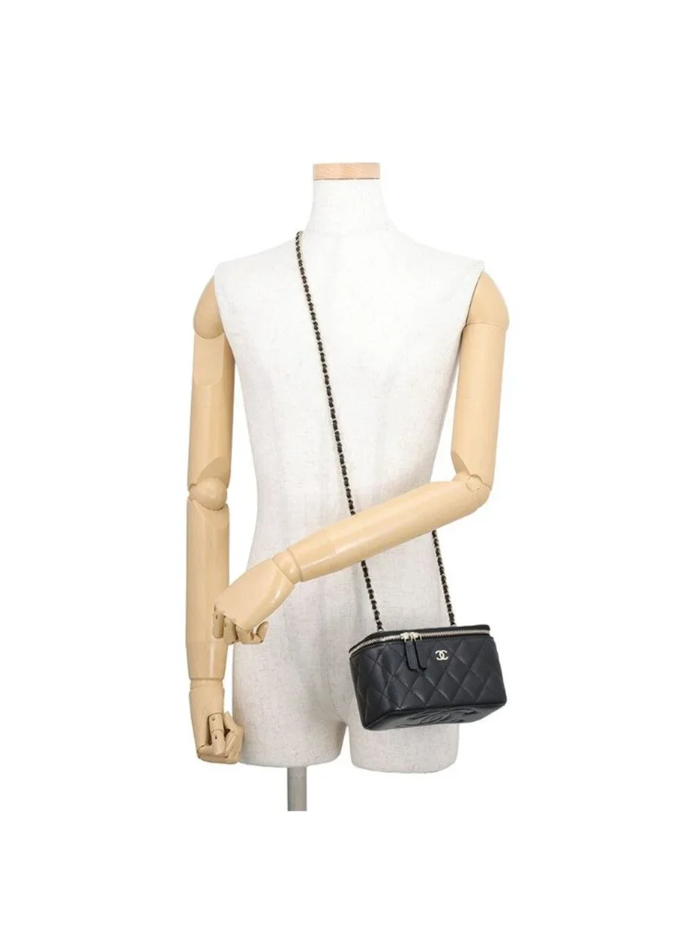 Chanel Chain Shoulder Bag Vanity Case CC Logo Quilted Caviar Leather Black